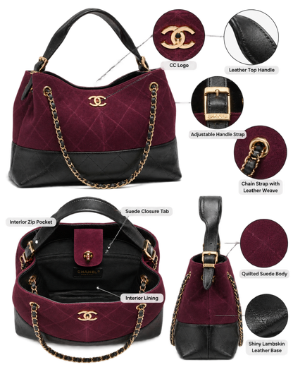 Small Tote Suede Calfskin, Shiny Lambskin & Gold-Tone Metal Burgundy & Black