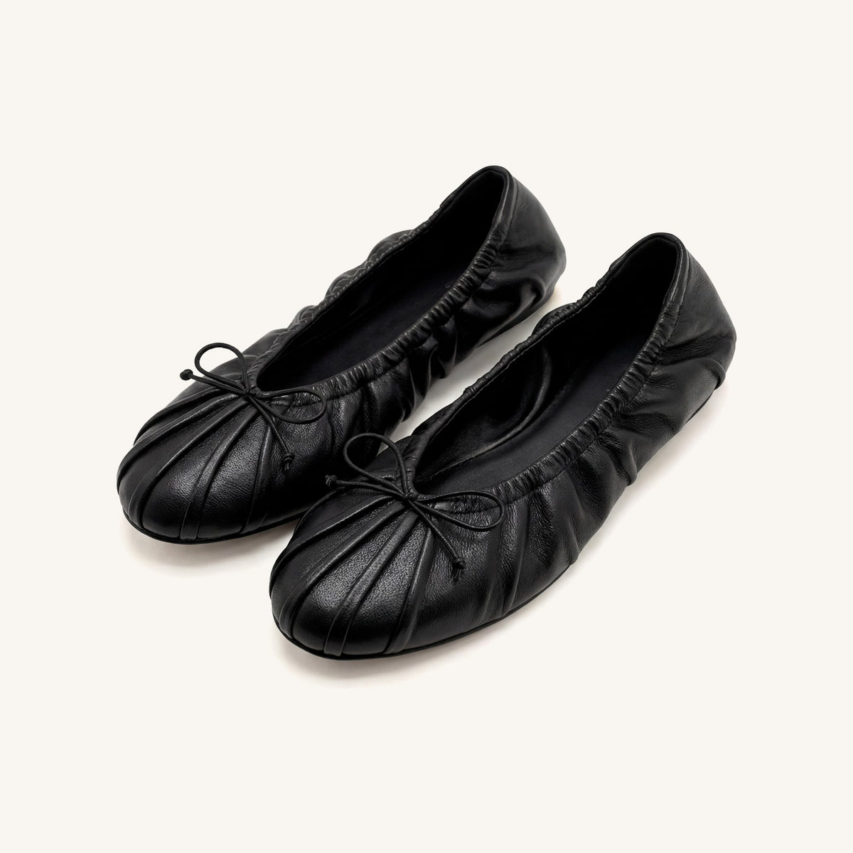 Solenne Ruched Drawstring Ballet Flats - Black
