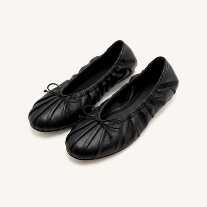 Solenne Ruched Drawstring Ballet Flats - Black