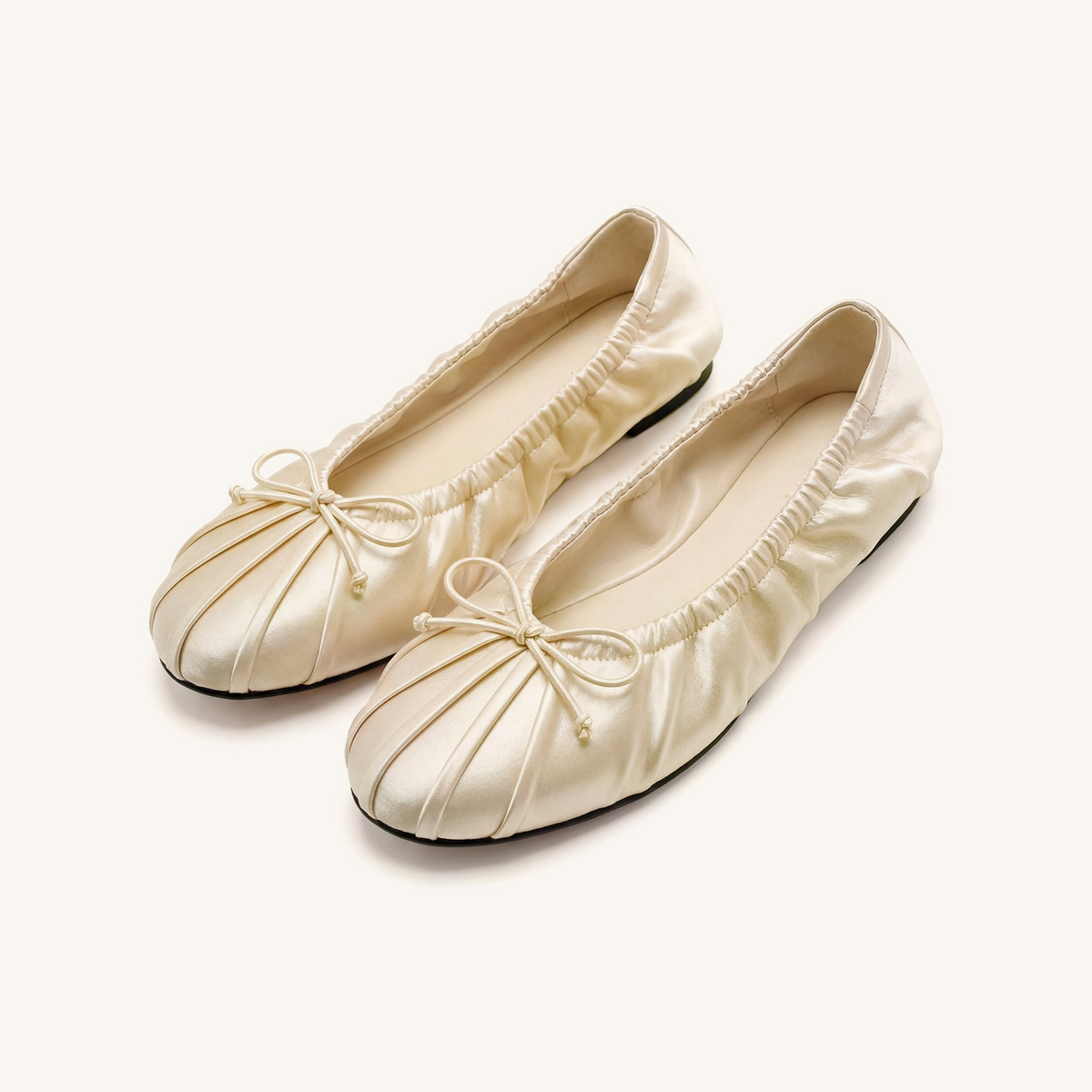 Solenne Ruched Drawstring Satin Ballet Flats - Beige