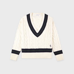 SRC Cableknit V-Neck Sweater - Ecru/Navy/Forest