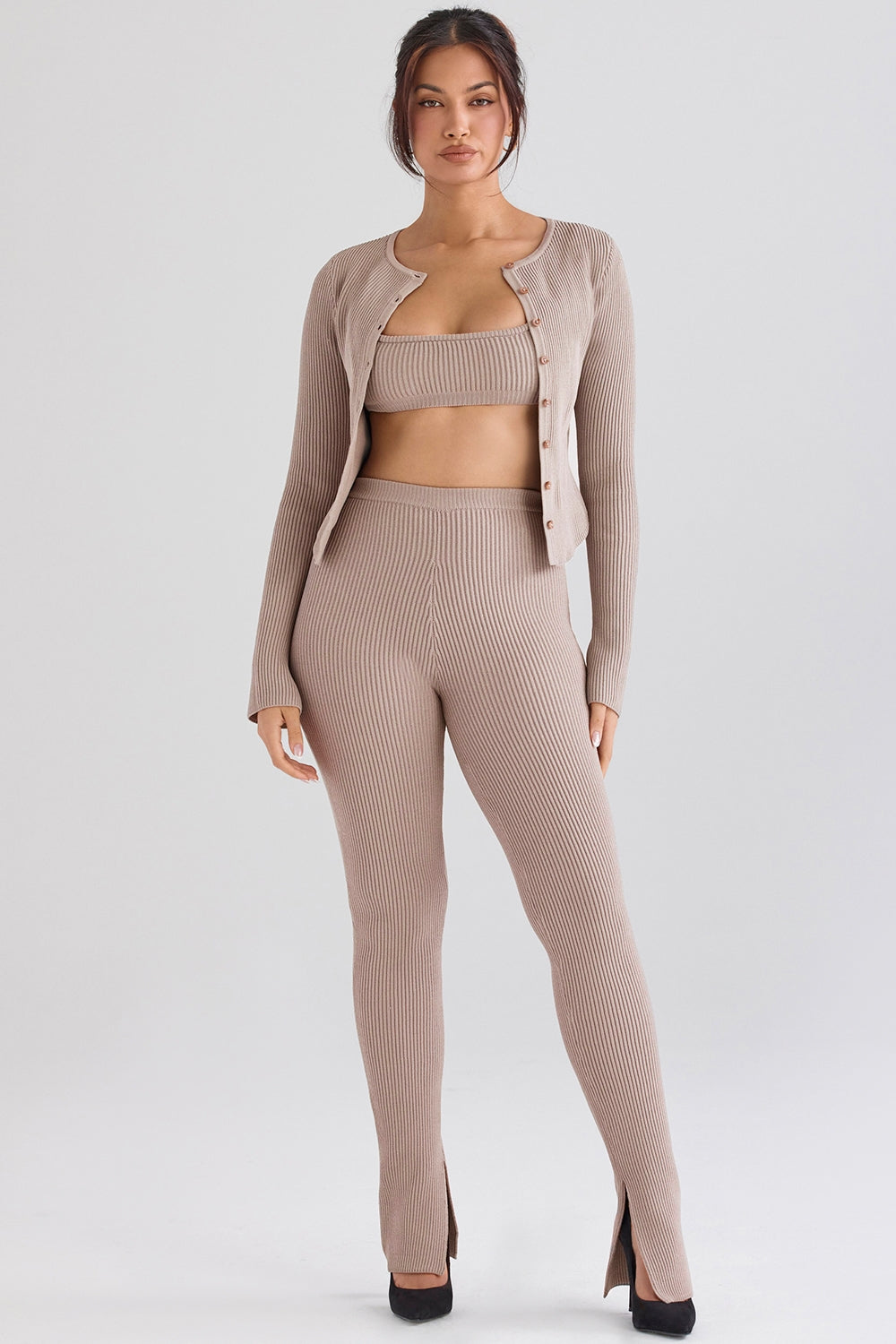 Taupe ribbed knit cardigan