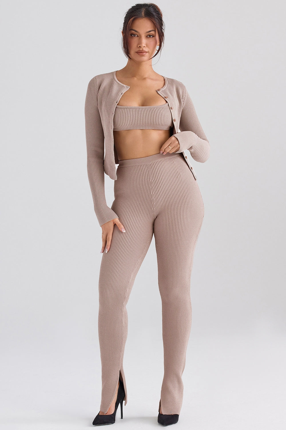 Taupe ribbed knit leggings