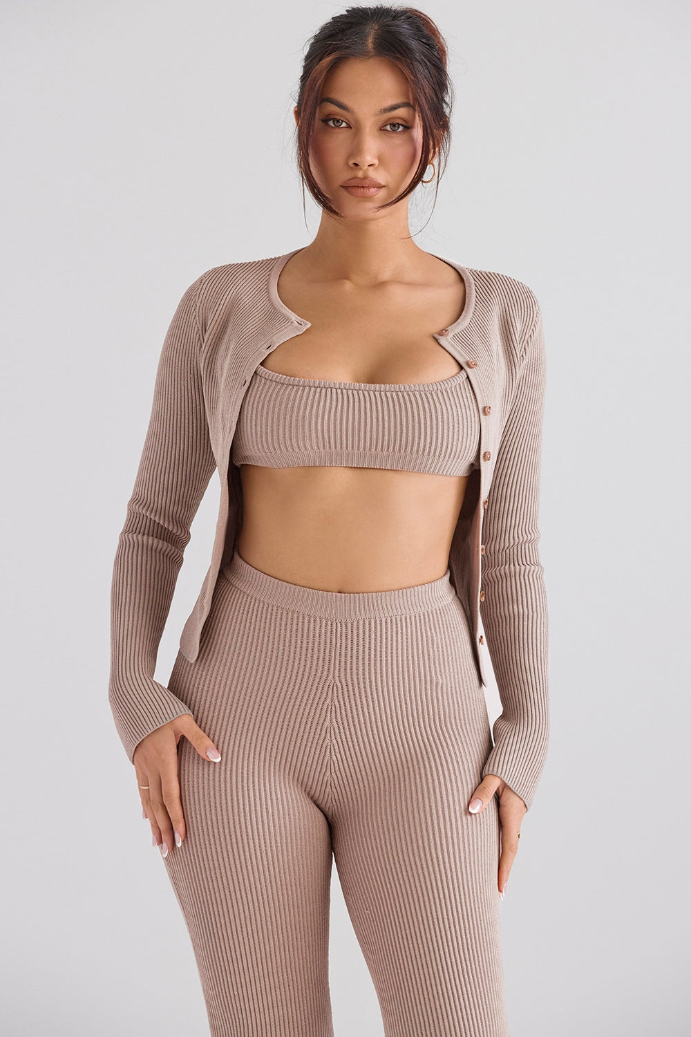 Taupe ribbed knit cardigan