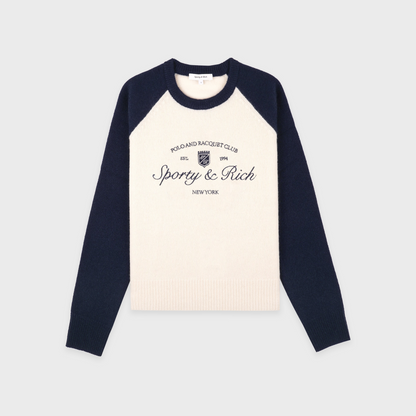 Syracuse Cashmere Baseball Sweater - Ecru/Navy