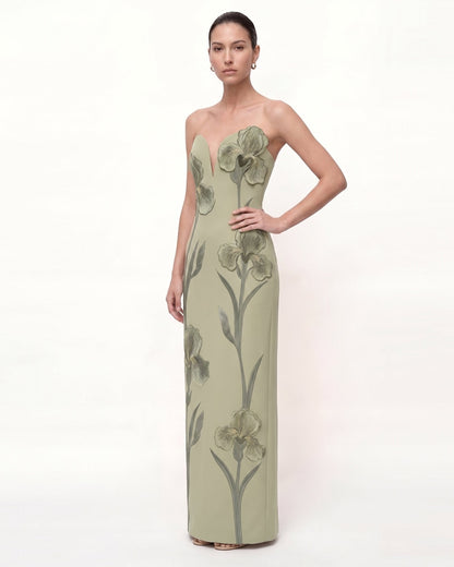 Iris Embroidered Notch Neck Strapless Maxi Dress - Emerald Green