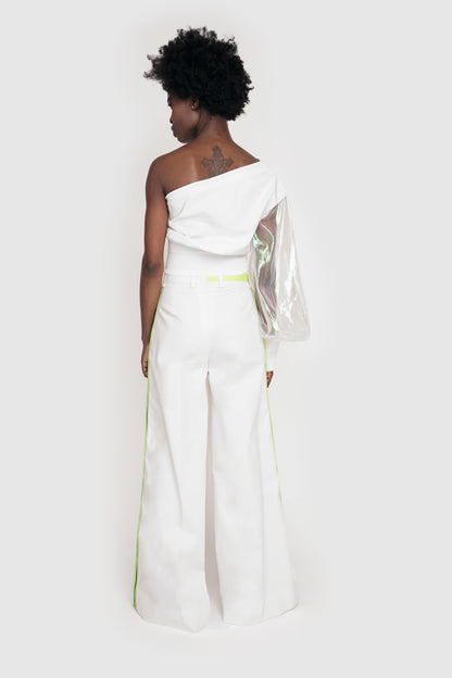 ONE SHOULDER TOP WITH IRIDESCENT SLEEVE