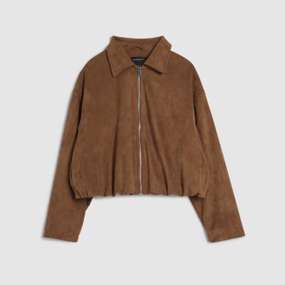 Tan Faux Suede Bubble Hem Bomber Jacket