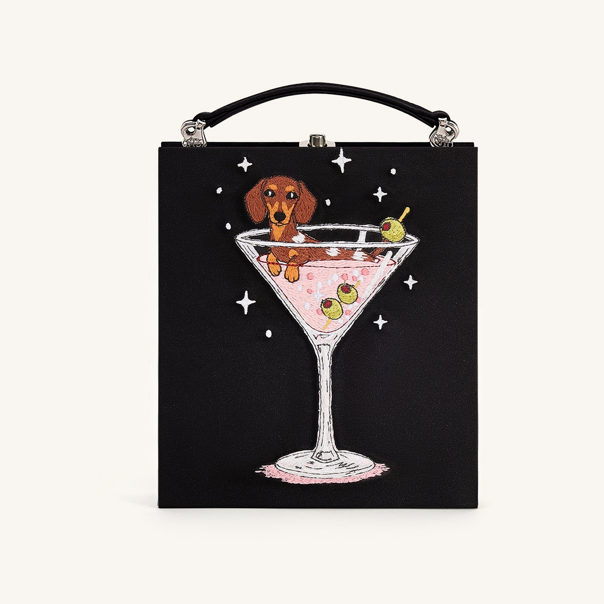 Taya Wine Glass Puppy Pattern Book Shape Clutch Bag - Black