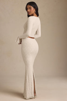 Draped Low-Rise Lace Maxi Skirt in Ivory