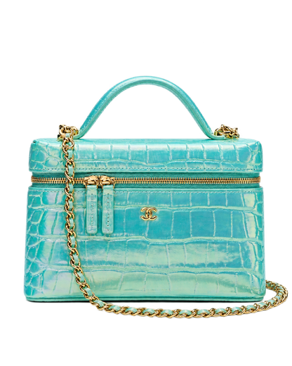 Vanity with Chain Crocodile Embossed Iridescent Calfskin & Gold-Tone Metal Turquoise