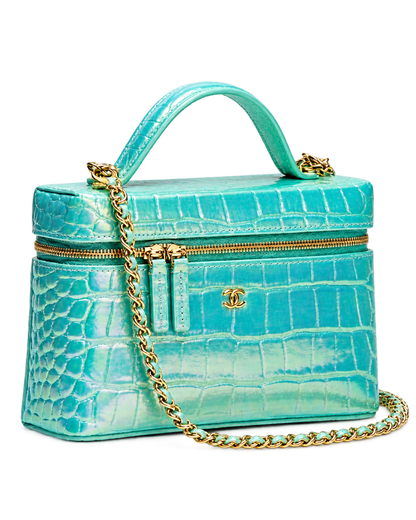 Vanity with Chain Crocodile Embossed Iridescent Calfskin & Gold-Tone Metal Turquoise