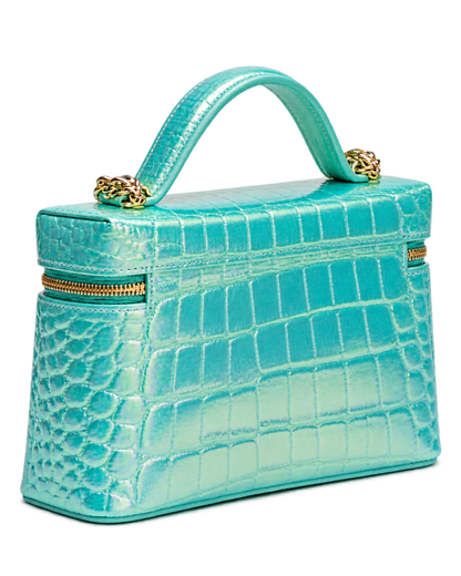 Vanity with Chain Crocodile Embossed Iridescent Calfskin & Gold-Tone Metal Turquoise