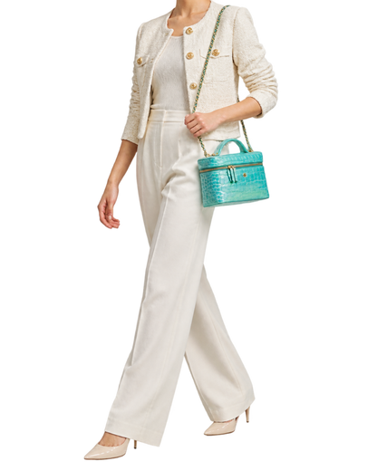 Vanity with Chain Crocodile Embossed Iridescent Calfskin & Gold-Tone Metal Turquoise