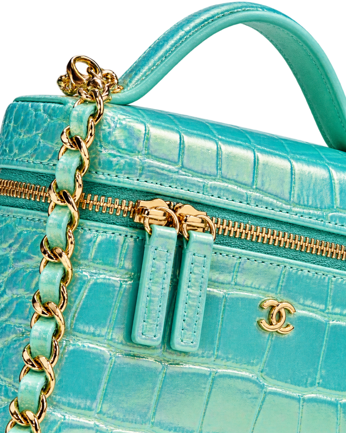 Vanity with Chain Crocodile Embossed Iridescent Calfskin & Gold-Tone Metal Turquoise