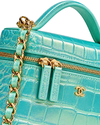 Vanity with Chain Crocodile Embossed Iridescent Calfskin & Gold-Tone Metal Turquoise