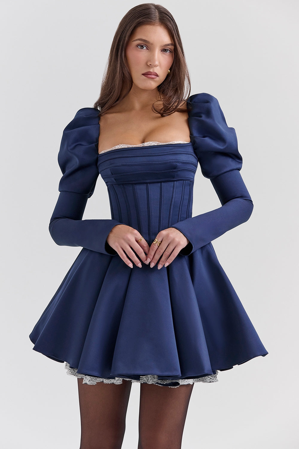 Midnight satin puff sleeve mini dress