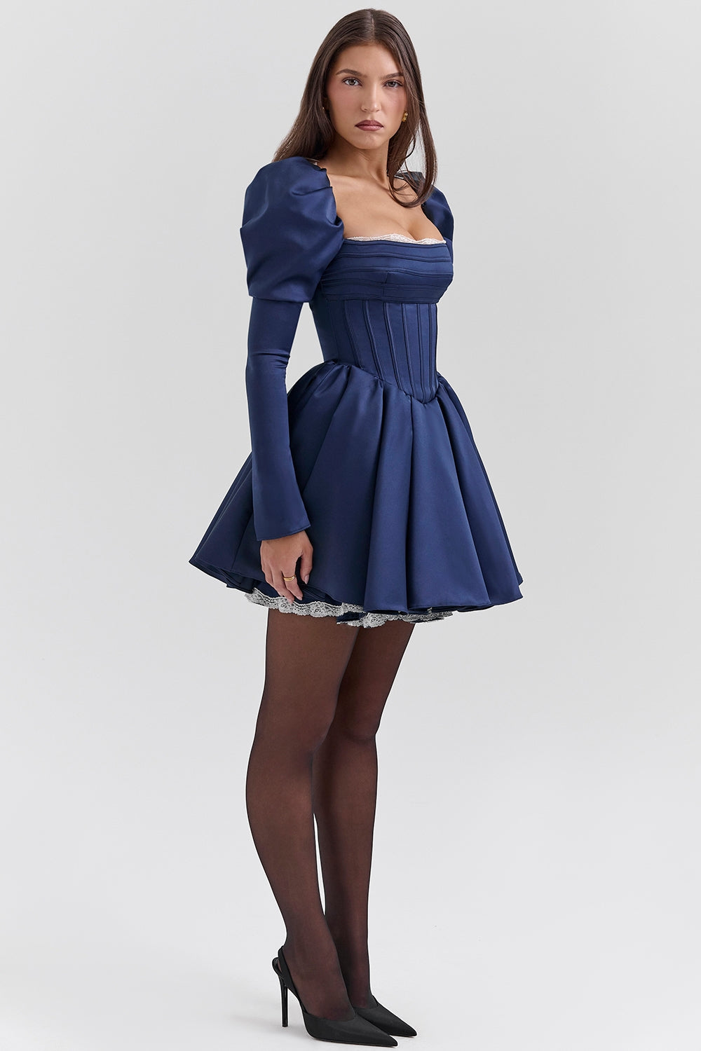 Midnight satin puff sleeve mini dress