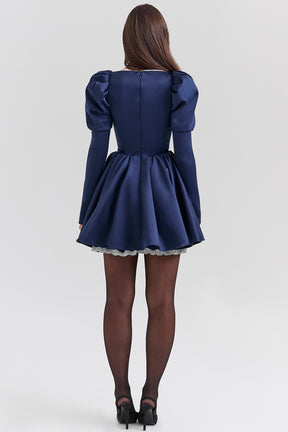 Midnight satin puff sleeve mini dress