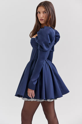 Midnight satin puff sleeve mini dress