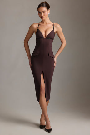 Plunge-Neck Backless Midaxi Dress in Chocolate Brown