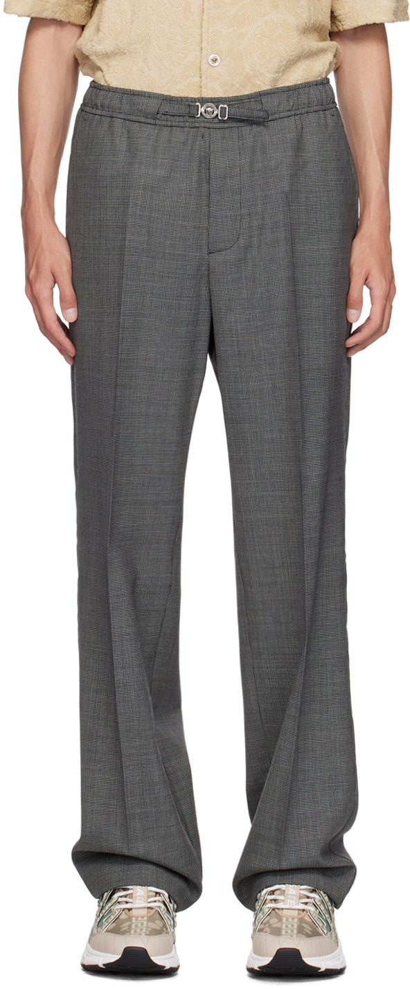 Versace Black & Gray Houndstooth Wool Trousers