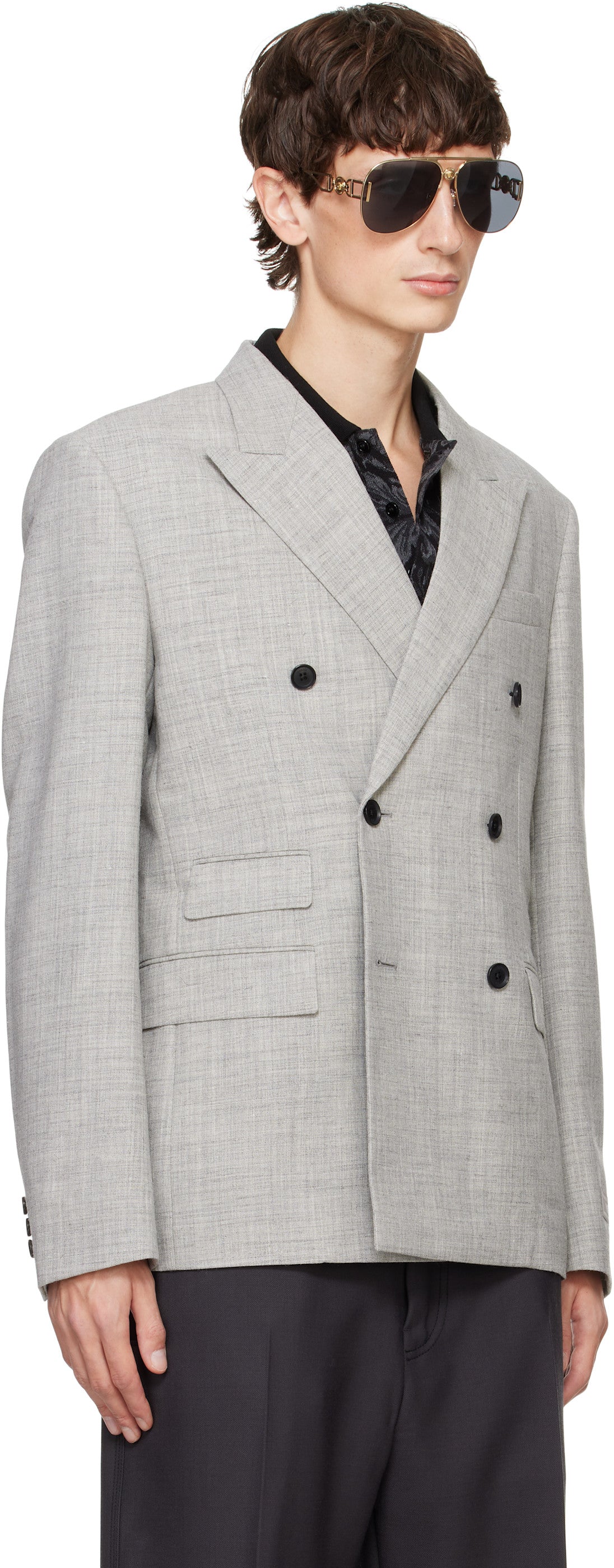 Versace Gray Wool-Blend Double-Breasted Blazer