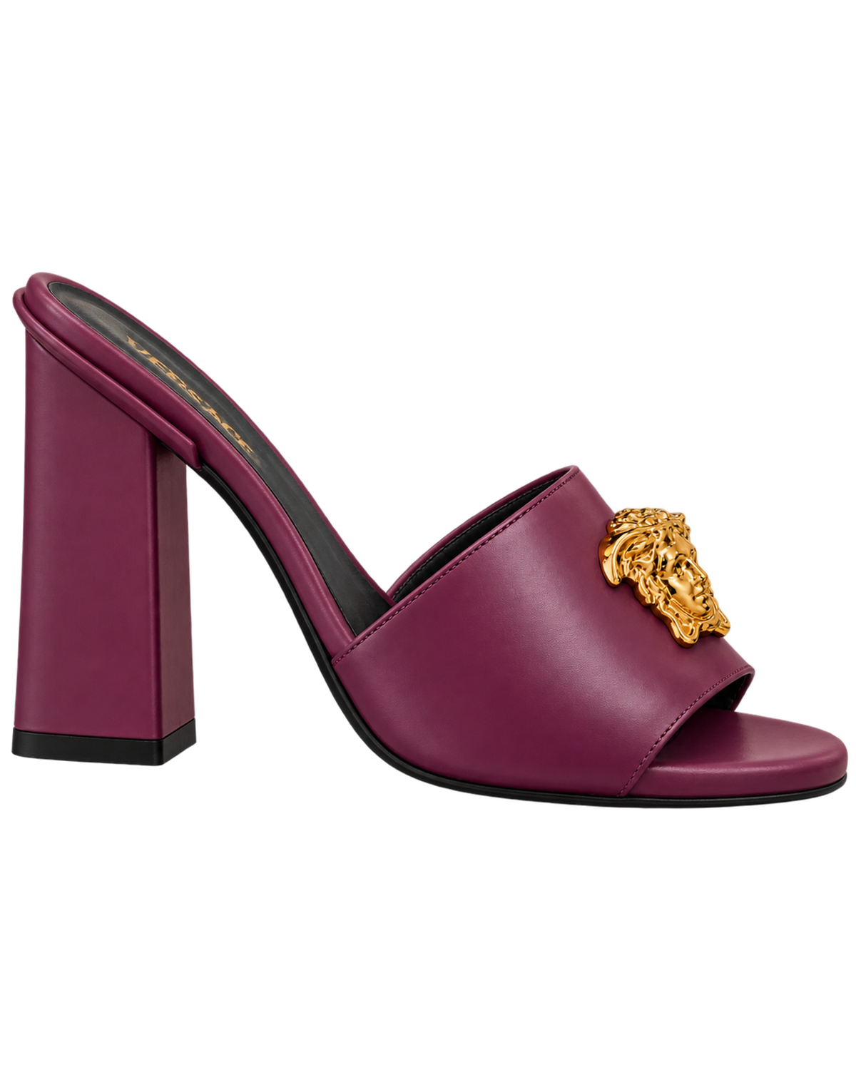 Versace Plum Purple Gold Medusa Heeled Sandals