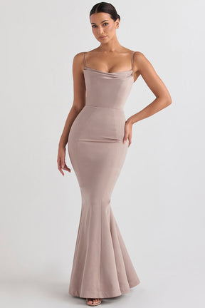 Violette mushroom satin fishtail gown