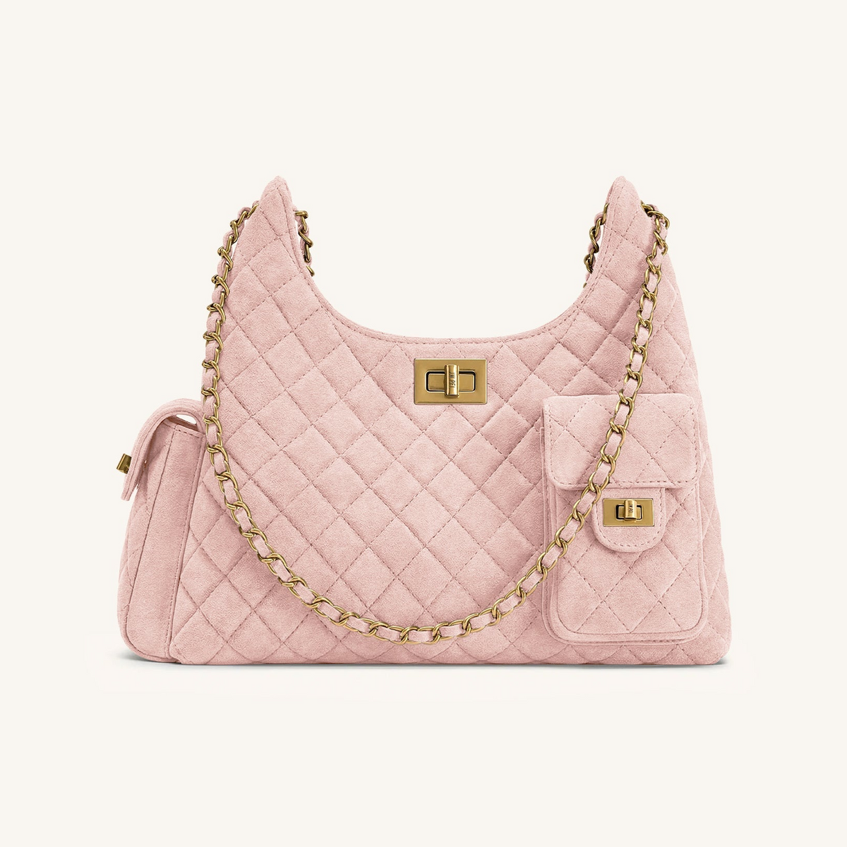 Vivian Faux Suede Quilted Shoulder Bag - Pink