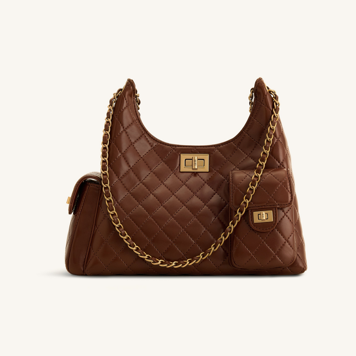 Vivian Quilted Chain Shoulder Bag - Brown