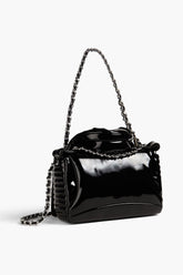 MOSCHINO Embellished faux patent-leather shoulder bag