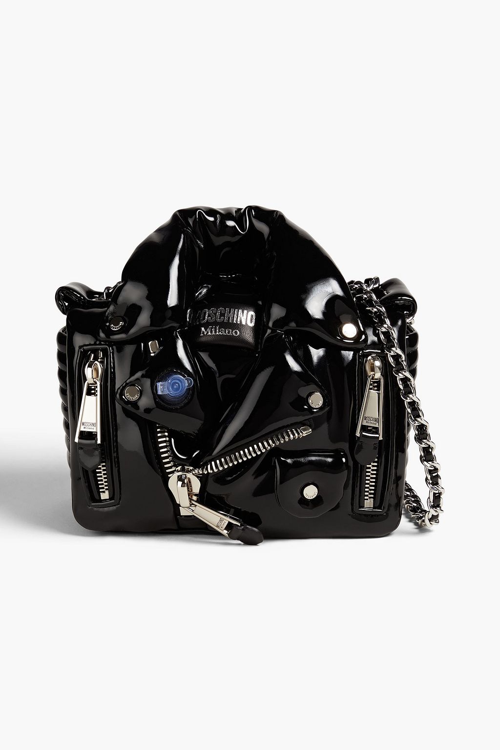 MOSCHINO Embellished faux patent-leather shoulder bag