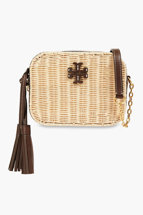 TORY BURCH Tasseled leather and rattan cross-body bag