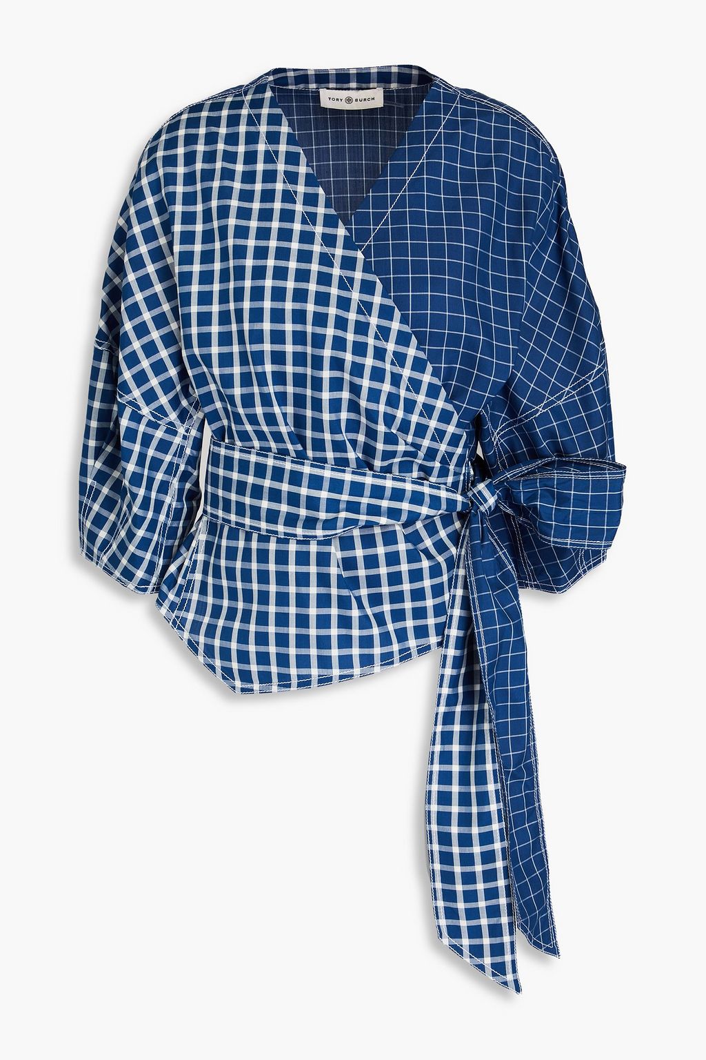 TORY BURCH Checked silk wrap top