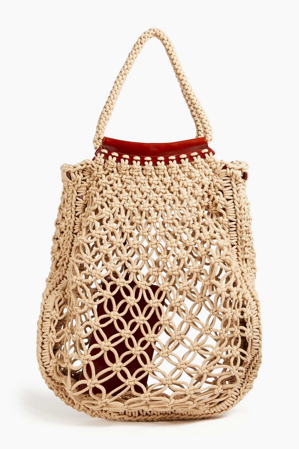 Leather-trimmed crocheted cotton tote