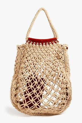 Leather-trimmed crocheted cotton tote