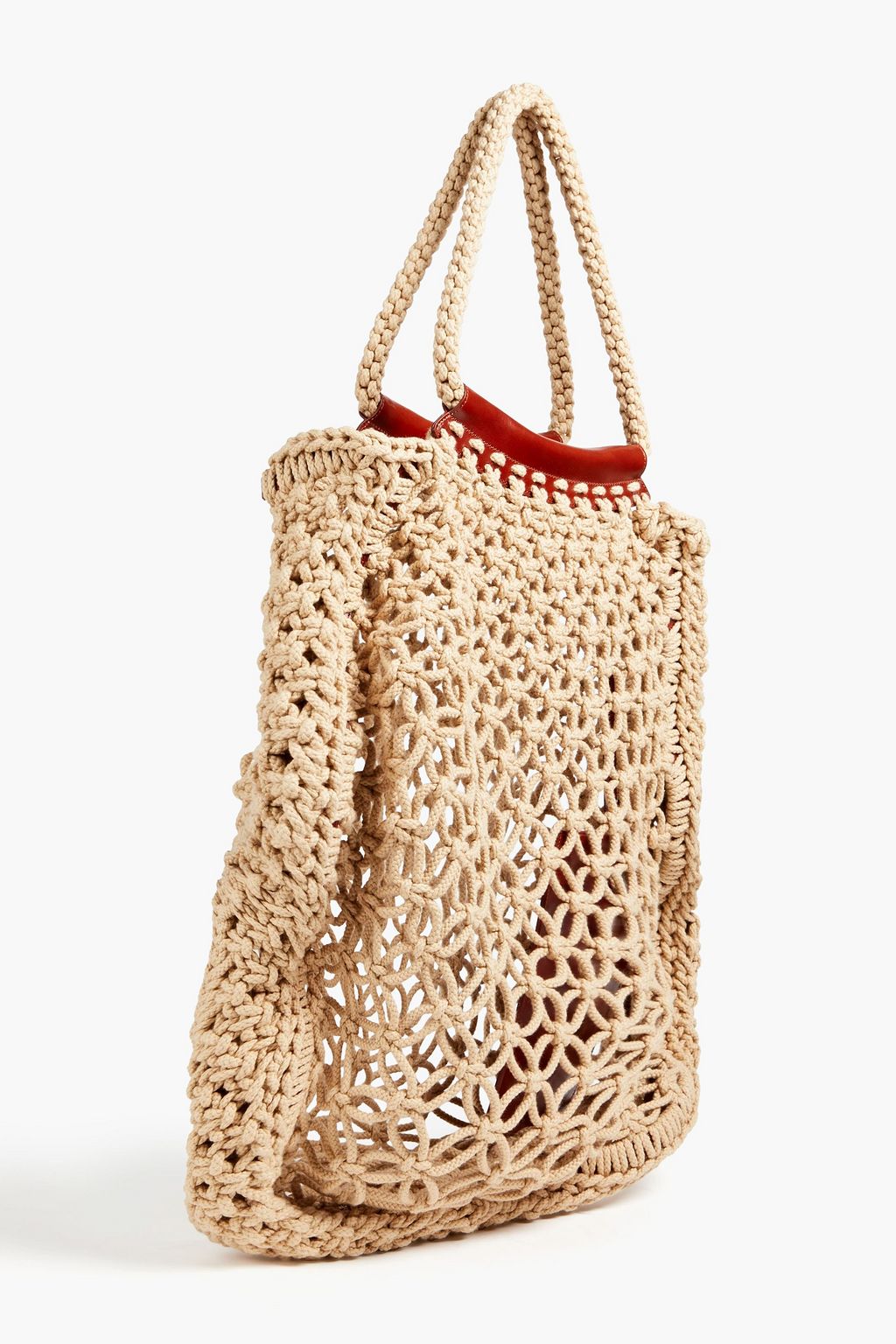 Leather-trimmed crocheted cotton tote