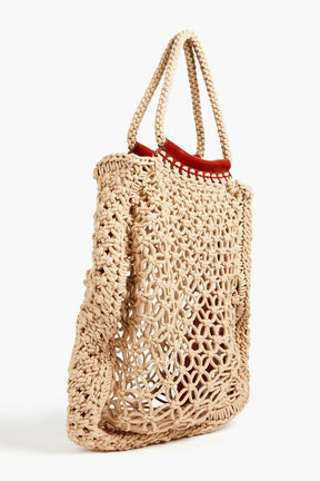 Leather-trimmed crocheted cotton tote