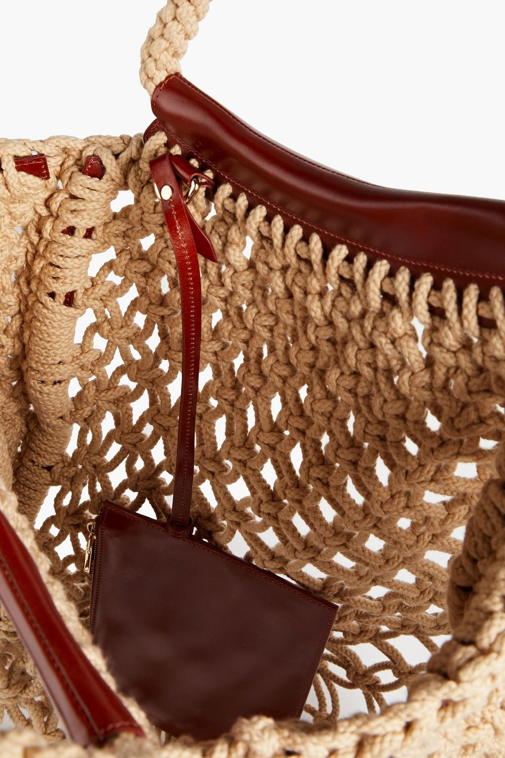 Leather-trimmed crocheted cotton tote