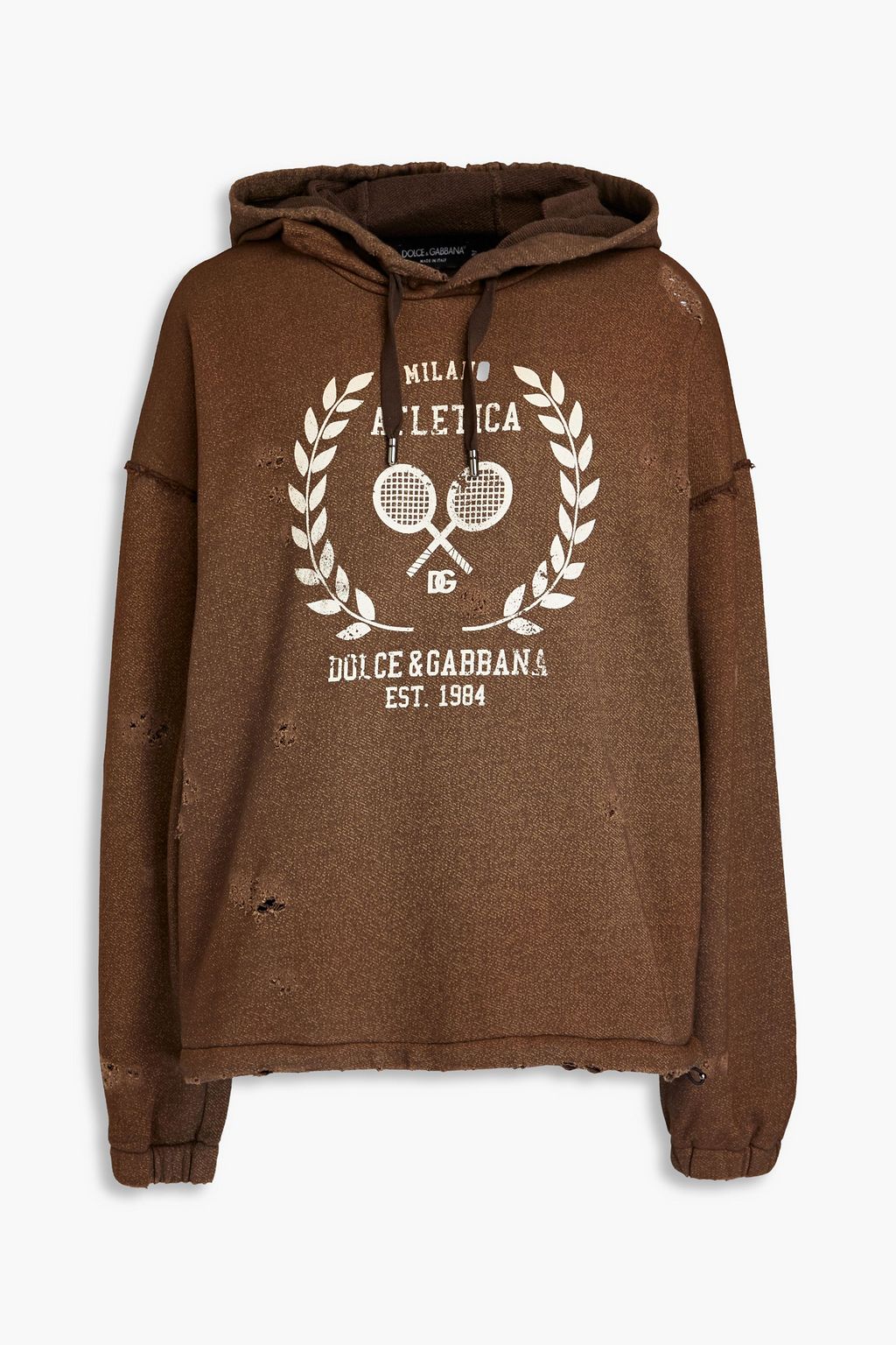 DOLCE&GABBANA Distressed logo-print French cotton-blend terry hoodie