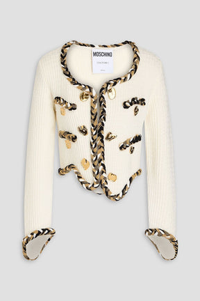 MOSCHINO Asymmetric embellished waffle-knit wool cardigan