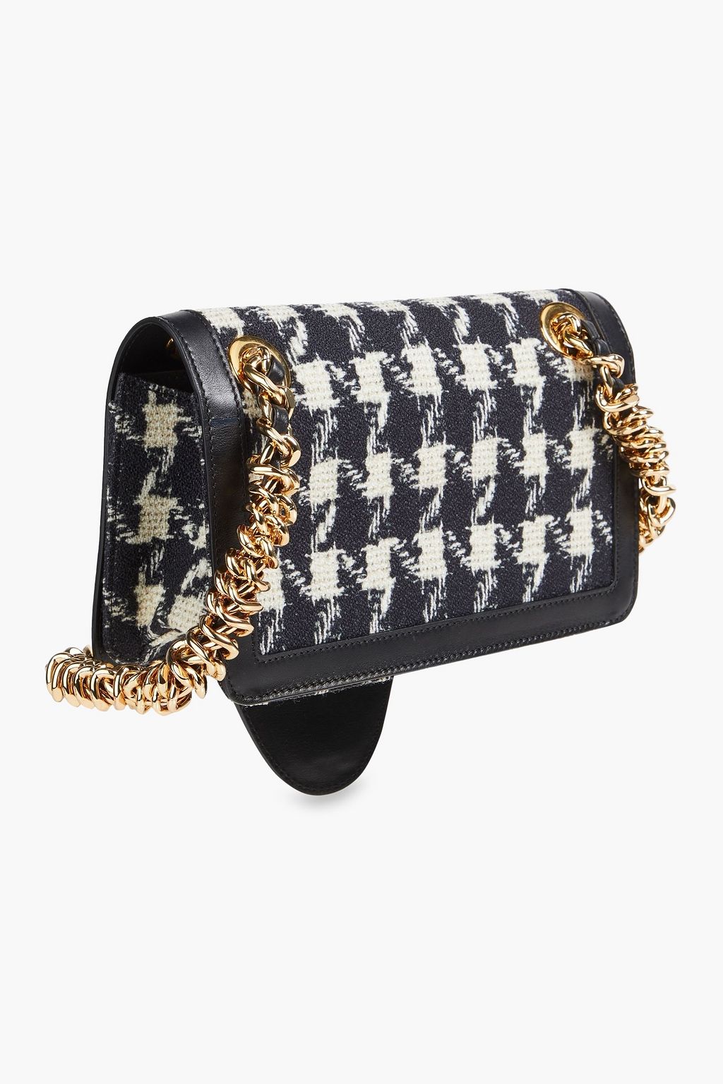 MOSCHINO Embellished houndstooth tweed shoulder bag