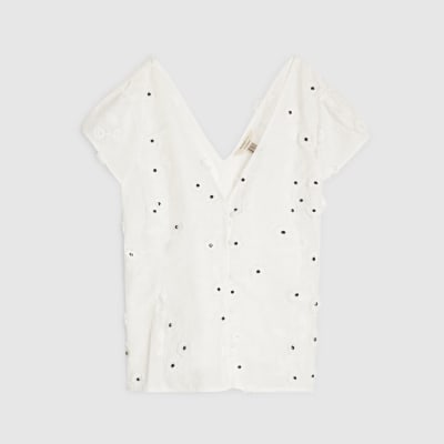 White 3D Floral Detail Short Sleeve Blouse