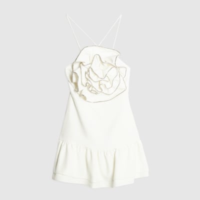 White 3D Flower Embellished Mini Dress