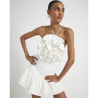 White 3D Flower Embellished Mini Dress