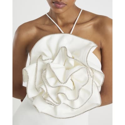 White 3D Flower Embellished Mini Dress
