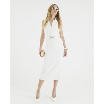 White Belted Collar Midi Dress