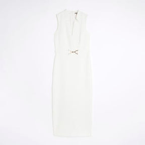 White Belted Collar Midi Dress