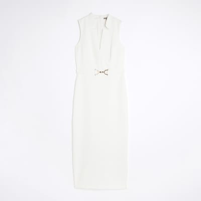White Belted Collar Midi Dress